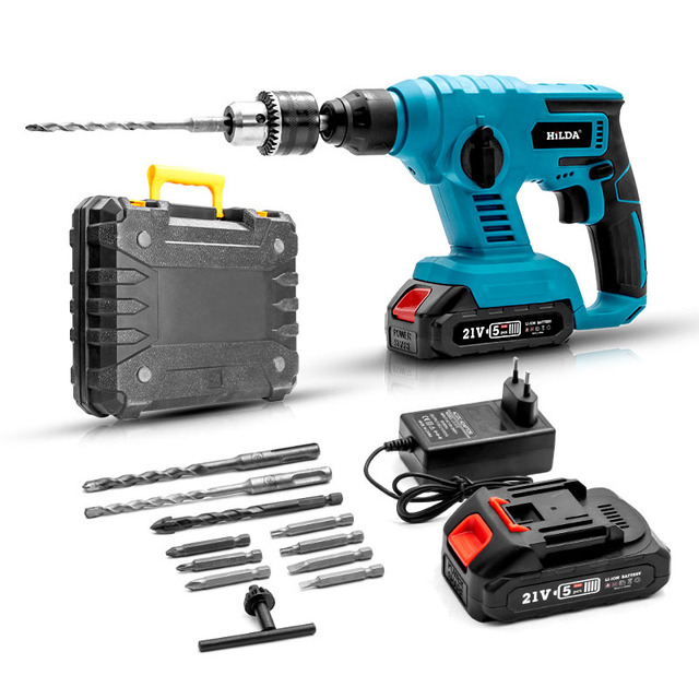 Factory Price Hilda 21V Cordless Power Tools 26mm Lithium Electric Hammer Drill for Concrete Wood Drilling Impact Drill Set