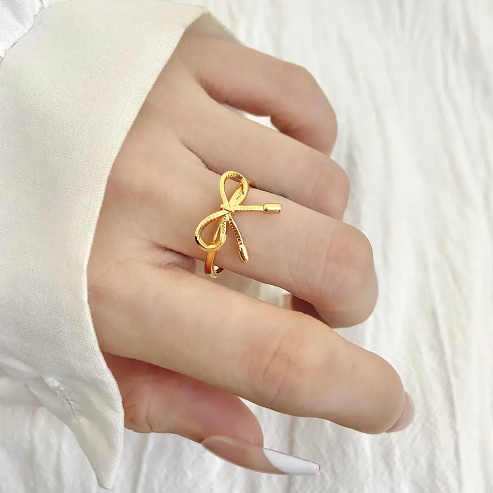 FOXI fashion jewelry adjustable ring bowknot yellow gold plated cute bow rings for women and girl