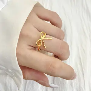 FOXI fashion jewelry adjustable ring bowknot yellow gold plated cute bow rings for women and girl