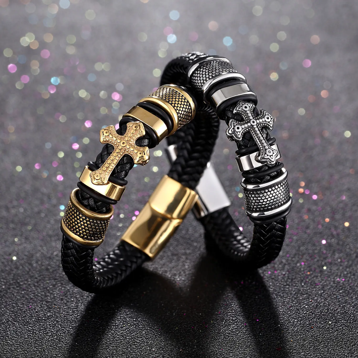 Commercio all'ingrosso più nuovo braccialetto croce religiosa uomo Hip Hop chiusura magnetica bracciale in pelle uomo bracciali in pelle