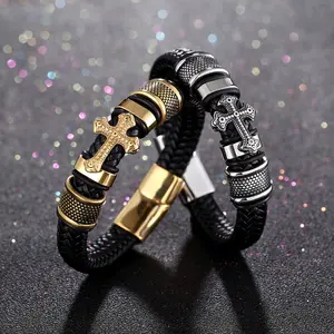 Atacado Mais Novo Pulseira Religiosa Cruz Homens Hip Hop Fecho Magnético Pulseira De Couro Homem Pulseiras De Couro