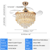 Y181 Nouveau Ventilateur de Plafond en Cristal avec Lumière et Télécommande 42 Pouces 110/220V, Lampe LED Designer Luxe avec Ventilateur