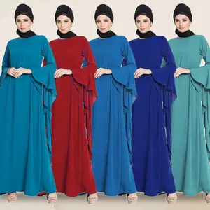 Arabic elegant blue plain islamic dress turkey simple round neck long sleeve muslim women abaya