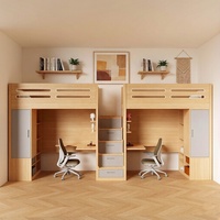 Lit superposé double en bois naturel pour enfants avec bureau intégré, armoire et tiroirs pour chambre d'enfants partagée