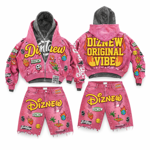 Ensemble sweat à capuche et <span class=keywords><strong>short</strong></span> en jean DiZNEW pour homme, rose, tendance, effet vieilli, coupe OEM, imprimé vintage, délavé à l'acide, double capuche, personnalisé - Product Image 1
