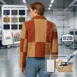 Giacca Trucker da Uomo in Pelle Scamosciata di <span class=keywords><strong>Capra</strong></span> Color Tan con Colletto a Camicia e Chiusura Nascosta, Modello Corto, Personalizzabile OEM, con Pannelli Color Block e Vestibilità Boxy - Product Image 5