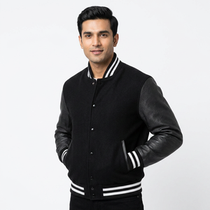 OEM Wholesale Men's Varsity Jacket Custom Color <b>Block</b> Stand Collar Front Logo Zip & Button Closure Winter Jacket - Product Image 1