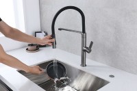 Robinet de cuisine moderne en acier inoxydable avec valve en céramique, bec flexible en silicone orientable, douchette extractible, à poser sur plan pour usage hôtelier
