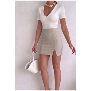 Women's Ribbed Elastic Waist Mini <b>Skirt</b> 45 Cm Length With Front Slit For Casual Wear - Product Image 1