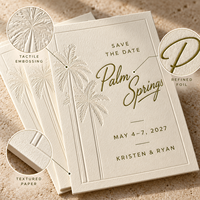 Cartes de réservation de date motif palmier tropical, impression dorée en relief, couleur et taille personnalisées pour invitations de mariage en destination sur la plage