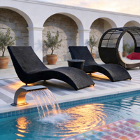 Ensemble de chaises longues d'extérieur en rotin ondulé gris foncé en PE avec table d'appoint, résistant aux intempéries, pour piscine, patio et plage