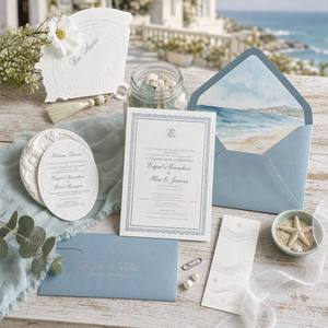 Ensemble de cartes d'invitation de <span class=keywords><strong>mariage</strong></span> personnalisées avec <span class=keywords><strong>enveloppe</strong></span>, bordure en <span class=keywords><strong>dentelle</strong></span>, monogramme argenté, motif aquarelle plage et motif éventail - Product Image 2
