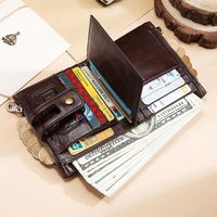 Dompet Vintage dengan Logo Kustom Kulit Sapi Asli Dompet Ritsleting Ganda Pemblokir RFID Dompet Kulit Lipat Dua Pria