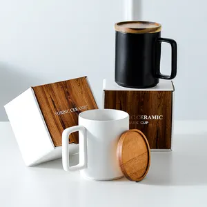 Taza de café de cerámica personalizada, venta al por mayor, tazas de café de cerámica grandes con tapa de madera