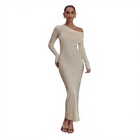 Robe blanche moulante à épaules dénudées, robe longue à manches longues, robe de soirée élégante pour l'été