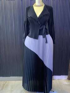 Robe de Soirée Décontractée Élégante <span class=keywords><strong>Miyaki</strong></span> 2025 pour Femme, Col en V, Manches Lanternes, Ceinture, Design Plissé Bicolore, Grandes Tailles - Product Image 2