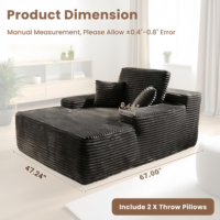 Fauteuil de lecture surdimensionné sans structure en velours côtelé moelleux, avec assise profonde, convertible en canapé-lit, 3 oreillers, pour appartement, rectangulaire