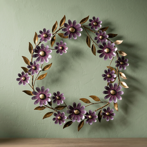 Corona de Flores Metálica Rústica Hecha a Mano, Decorativa, con Margaritas Púrpuras, Redonda, para Colgar en la Pared, Sin Iluminación, Paquete Individual - Product Image 4
