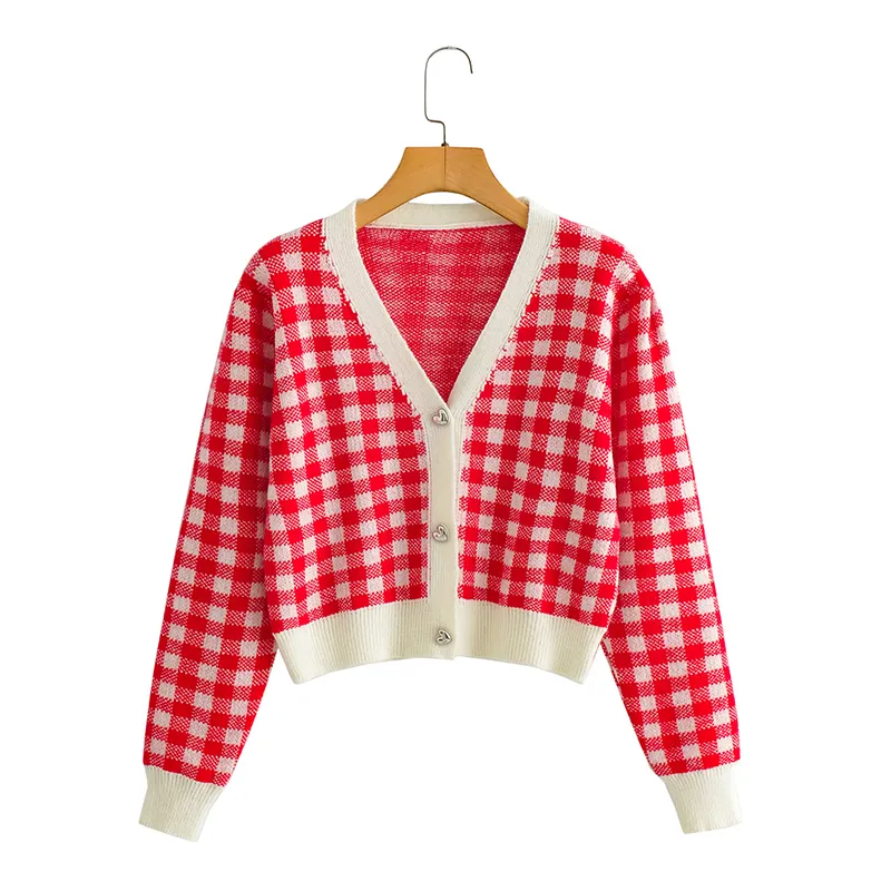 Factory Wholesale French Women's Red and White Plaid Sweater Autumn Fashion V-neck Single-breasted Cardigan Jacket