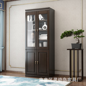 Lingdong Island Furniture <b>Solid</b> <b>Wood</b> <b>Bookcase</b> S102 Glass Door Storage Cabinet Study Furniture Rosewood Color - Product Image 3