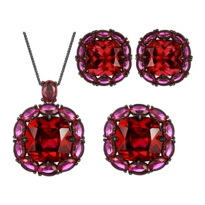 Vintage Eco-friendly Copper Jewellery <b>Set</b> for Women Jewelry 14*14-12*12mm Red Zircon Black Gold Square Necklace <b>Earring</b> Ring <b>Set</b> - Product Image 1