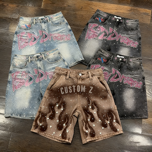 Shorts en <span class=keywords><strong>jean</strong></span> vintage personnalisés pour homme, taille mi-haute, délavés à l'acide, style streetwear décontracté, avec strass - Product Image 1