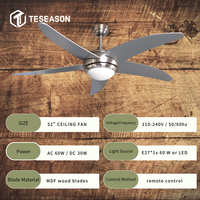 Ventilateur de plafond TS52-5CS(SN) 52 pouces avec lumière |   5 pales en MDF, support de lampe E27, télécommande, AC60W DC30W 110-240V