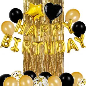 Gold Balloons Decorations Black Gold Birthday Supplies Foil Fringe Curtain Bundle Latex Balloons Star Balloon