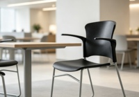 Chaise de conférence ergonomique moderne en plastique rembourré avec dossier incurvé et base en métal pour salles de réunion de bureau