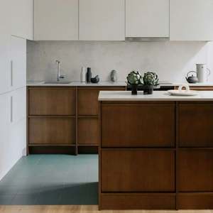 Meubles de cuisine sur mesure, panneau de porte, dessus en acier inoxydable, support ou îlot de cuisine avec ensemble de chaises, peint, lumières modernes - Product Image 1