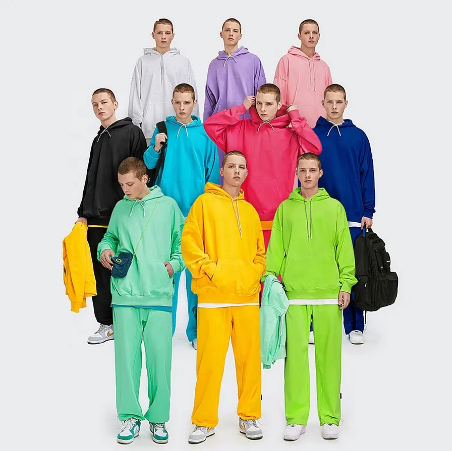 Custom Printing Logo Multicolor Slim Fit Long Drawstrings Candy Colors Sport wear Hoodie and Jogger Set for Men