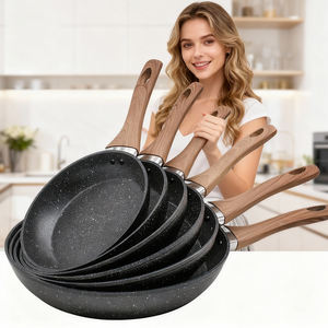 Sartén de aluminio antiadherente forjada personalizada de fábrica, sartenes planas con revestimiento de mármol antiadherente, mango de madera <span class=keywords><strong>Sarten</strong></span> para cocinar en casa - Product Image 2