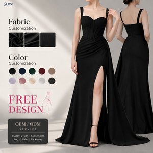 Robe longue de soirée formelle personnalisée pour femme, noire unie, en maille, col en V, sans manches, avec corsage style corset, taille froncée et fente haute - Product Image 1