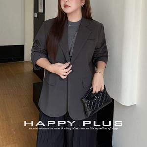 Veste de costume grise Happy Plus pour femme, grande taille, tissée, couleur unie, boutonnée, pour le bureau, gris urbain N9164 - Product Image 1