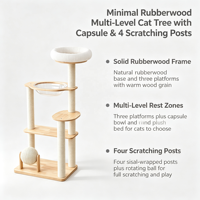 Arbre à chat multi-niveaux ScratchTower 133 cm en bois d'hévéa avec capsule transparente en acrylique, quatre poteaux à gratter en sisal, boule rotative
