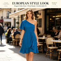 Nouvelle Robe de Soirée Européenne et Américaine à Volants, Manches Courtes, Taille Haute, Couleur Unie, Décontractée, pour Femme Adulte, Printemps
