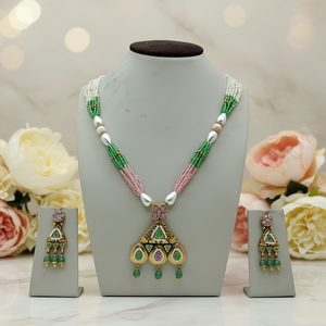 Elegant Multicolor <b>Beaded</b> Pearl Necklace <b>Set</b> with Gold Tone Pendant and Matching Drop Earrings for Wedding and Festive Wear - Product Image 3