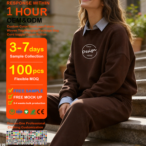 Sweat-shirt personnalisé en coton brossé French Terry marron à col rond pour femme, coupe ample et oversize, avec lettres en relief – Vente en gros - Product Image 1