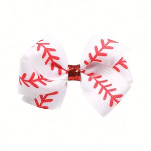 LX European American Sports Baseball Printed Hairpin <b>Red</b> Glitter Side Clip Ribbon Bowknot Full Clamp Plastic Kids 4inch Party - Product Image 6
