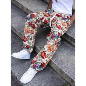 FOXA Men's Floral Embroidery Baggy Pants <b>Drawstring</b> Waist Casual Street <b>Trousers</b> With Pockets 100% Cotton Breathable - Product Image 5