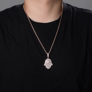 Collar de Metal Dorado, Plateado y Rosado para Hombre, Colgante de Mano Hamsa con Circonita Cúbica Baguette, Estilo Iced Out con Cadena de Cuerda, Joyería Hip Hop - Product Image 4