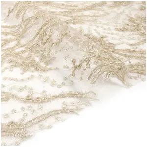 Beige Custom Polyester Wedding Ottoman 3D Shiny Cording Embroidered Lace Fabric Flat Embroidery for Party Dress