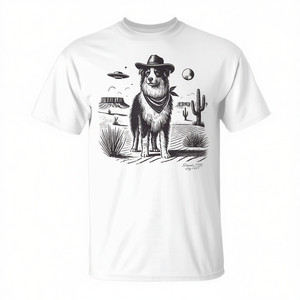 Camiseta con diseño gráfico de sombrero de vaquero y pastor australiano, escena del desierto del oeste - Product Image 2