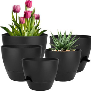 Ensemble de 5 pots de fleurs auto-arrosants, pots de fleurs en plastique noir modernes, pour l'intérieur et l'extérieur, démontables - Product Image 4