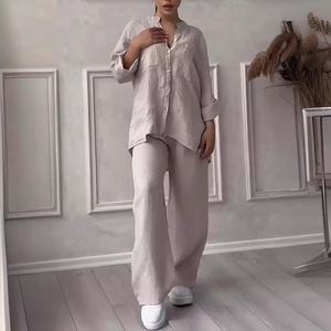 Bộ quần áo Enyami chất liệu cotton linen, màu trơn, kiểu dáng rộng rãi, gồm áo sơ mi cổ V dây rút tay dài và quần ống rộng, size S-5XL - Product Image 2