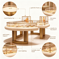 Vitrine de présentation de bijoux ronde de luxe, cadre en métal doré, dessus en verre, comptoir d'îlot pour bijoux avec plateaux de présentation, boutique personnalisée