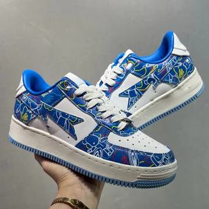New Arrival Men's Genuine Leather Cartoon Graffiti <b>Sneakers</b> Blue White Star Low-Top Casual Lightweight Trendy Street Style Shoes - Product Image 1