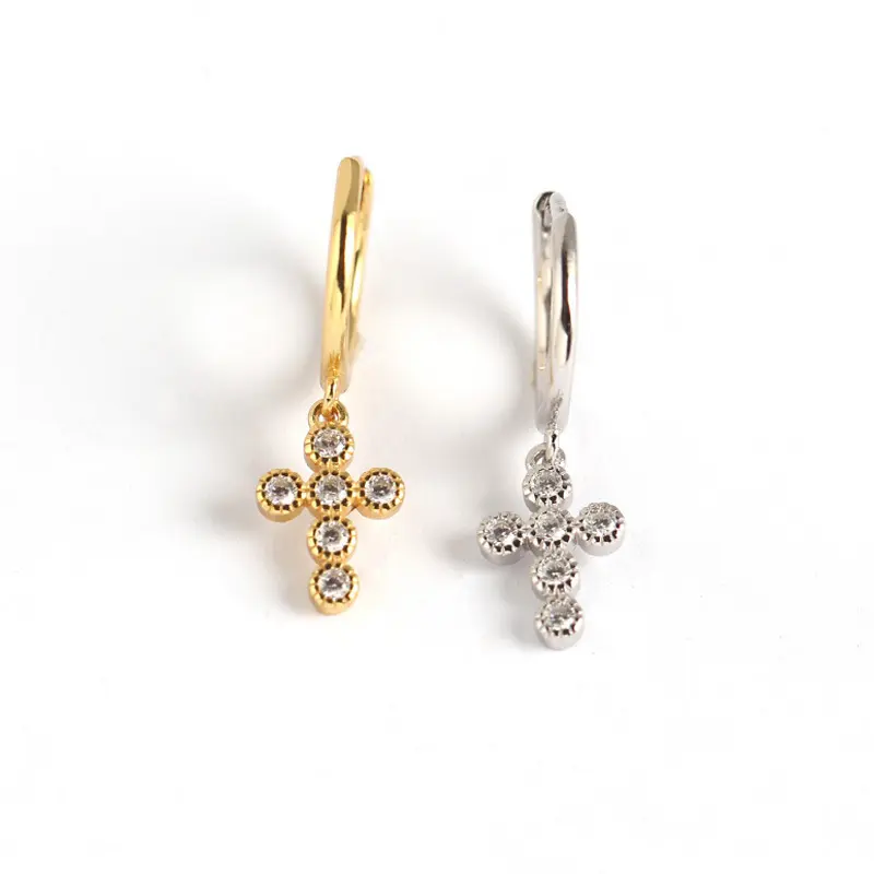 Wish Jewelry Best Selling Gold Plated Sterling Silver Cross Pendant Earrings Fashion S925 Sterling Silver CZ Cross Earring For Women