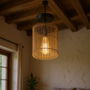 SGLfarmty Boho Semi Flush Mount Ceiling Light Metal Bamboo Shade IP44 Warm White LED 7.87x7.08x10.62 Inches - Product Image 2