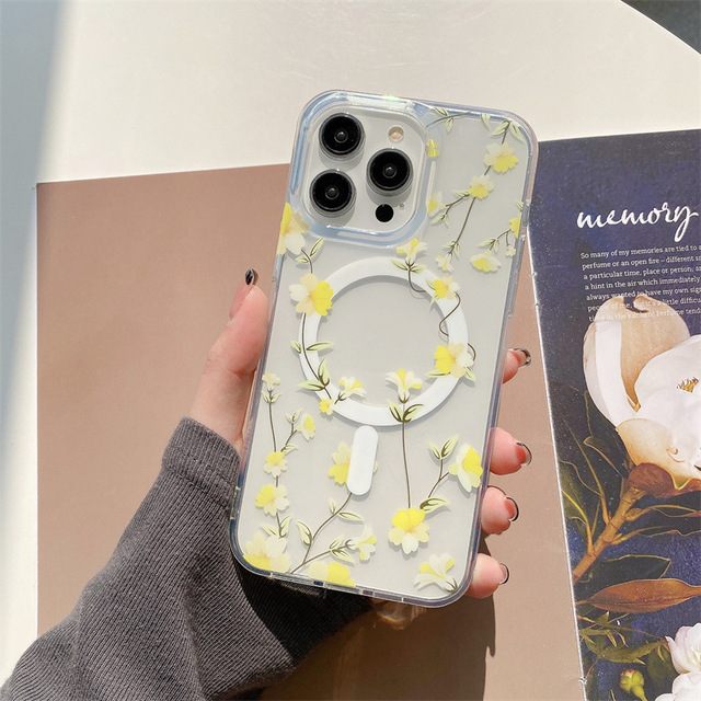 Watercolor Flowers Wireless Charging Magnetic Mobile Cases for iPhone 16 15 14 Plus Pro Max 13 Shockproof Soft Silicon Cover